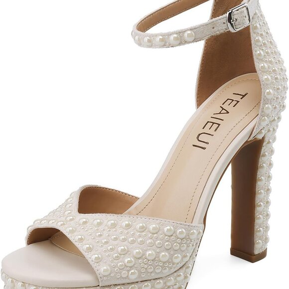 Pearl Rhinestone Heels Women Chunky Block Platform Bridal Shoes 80s Style - Picture 1 of 6